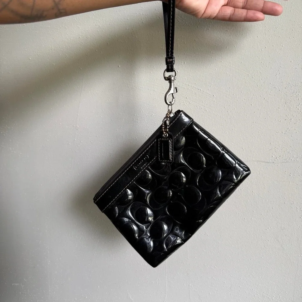 Coach Black Patent Signature Wristlet Pouch, Embossed Logo Zip Clutch